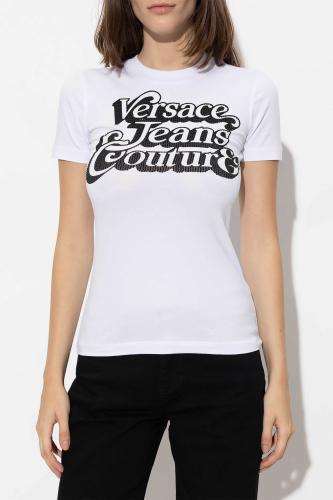 Versace Jeans Couture γυναικείο βαμβακερό T-shirt μονόχρωμο με contrast logo print με rhinestones - 75HAHG02CJ02G Λευκό S